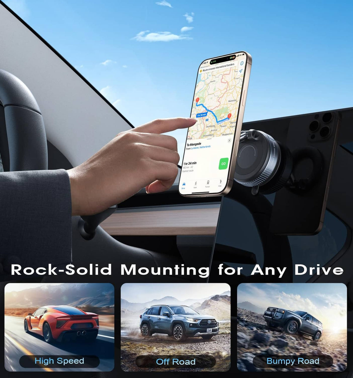 Black magnetic car phone holder securing a smartphone on the dashboard