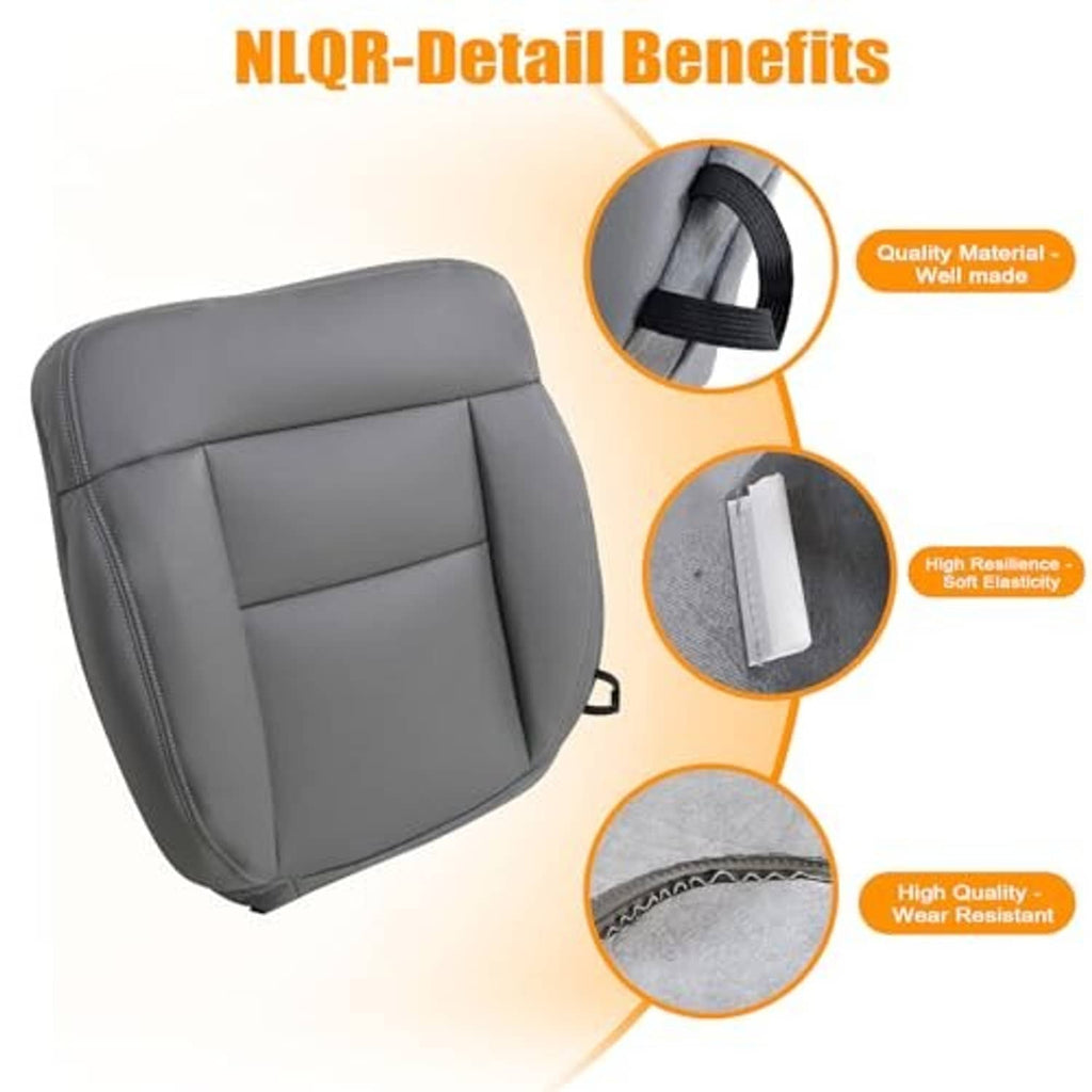 Gray seat cover with top panel stitching and side edge piping, padded front section