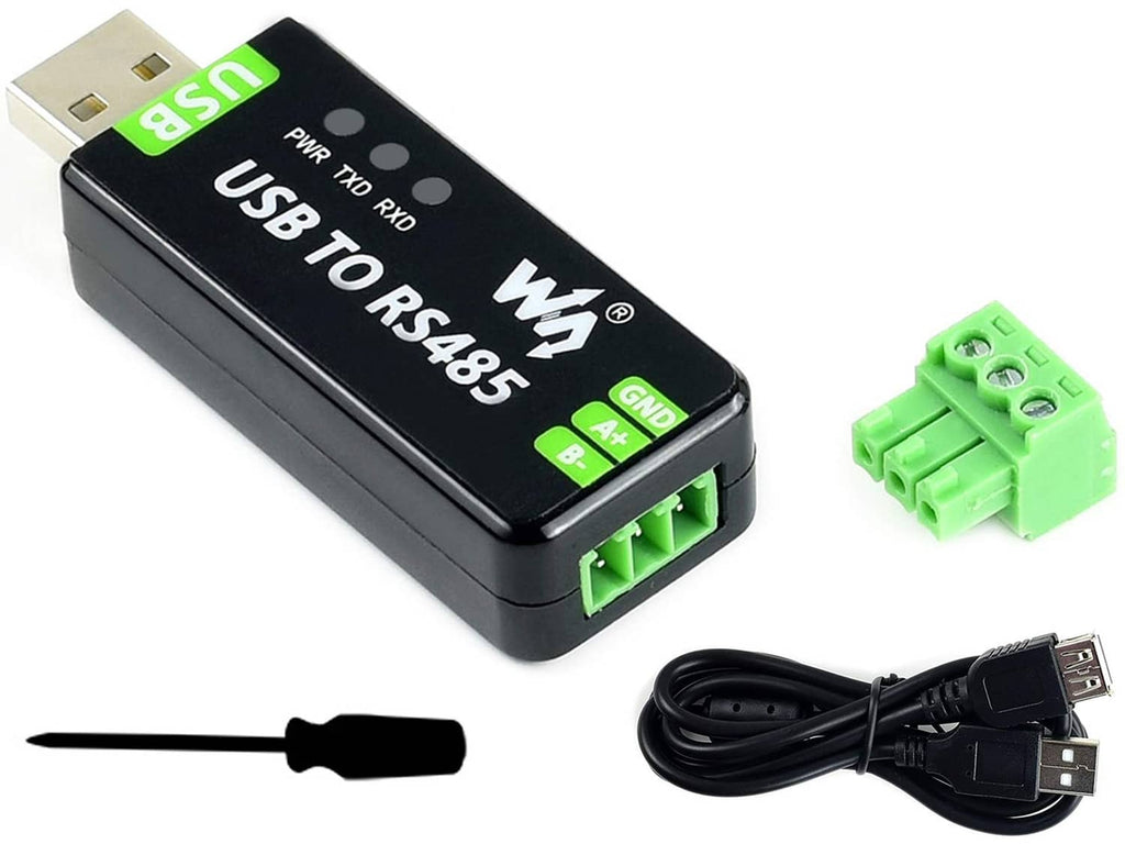 USB to RS485 adapter with USB plug, green terminal block, and black housing