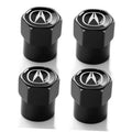 Black metal tire valve stem caps with Acura-style A logo, hex shape (set of 4)