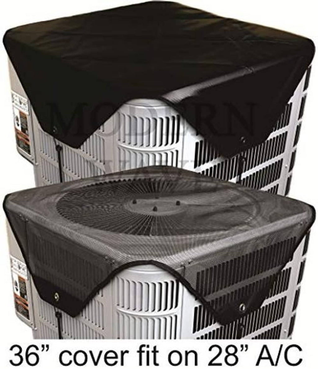 Outdoor AC condenser unit cover set for two units, black fitted covers over fan vents