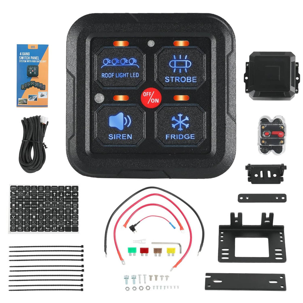 Square black 4-group on/off switch panel circuit control box with LED indicator icons