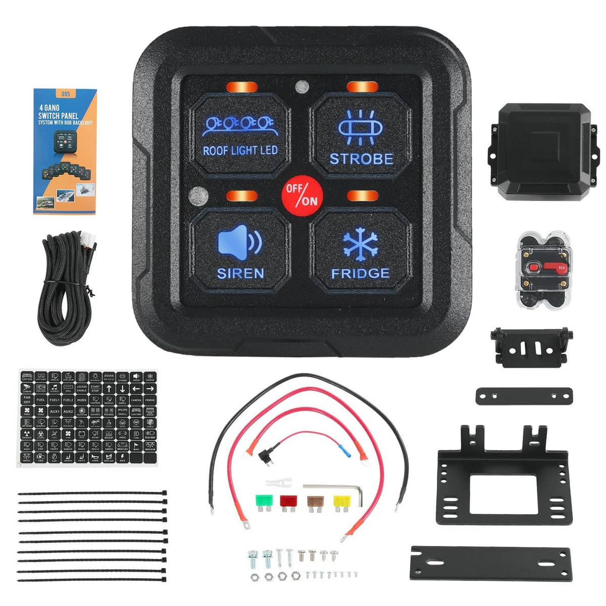 Square black 4-group on/off switch panel circuit control box with LED indicator icons