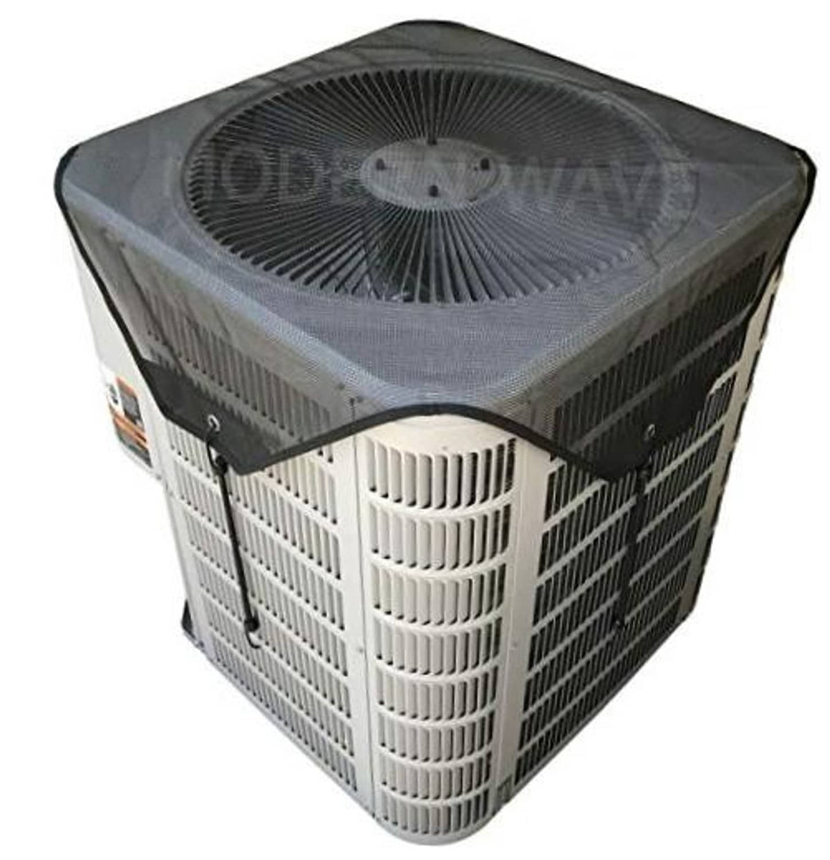 Outside AC unit cover with dark top mesh and elastic bungee cords, square fit