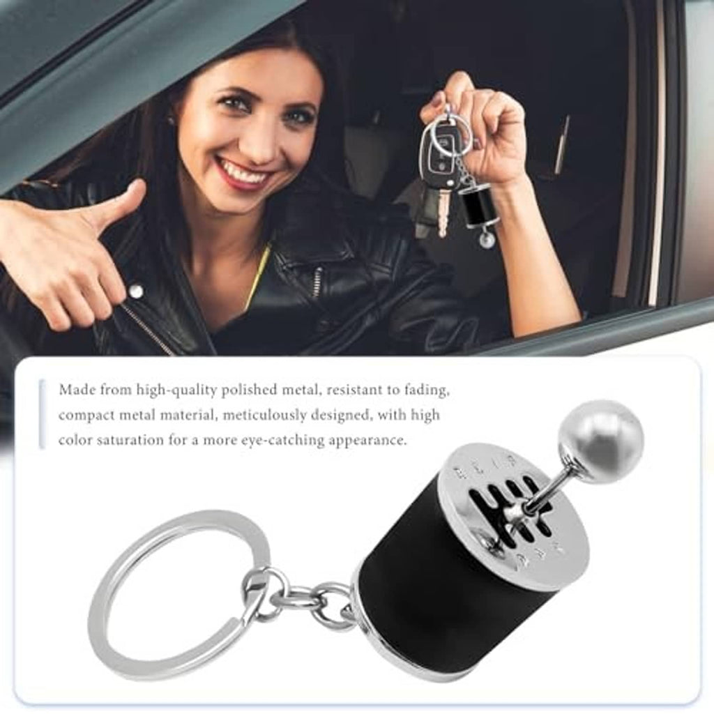 Six-speed gearbox keychain, black shift-lever fob with silver ball and metal keys