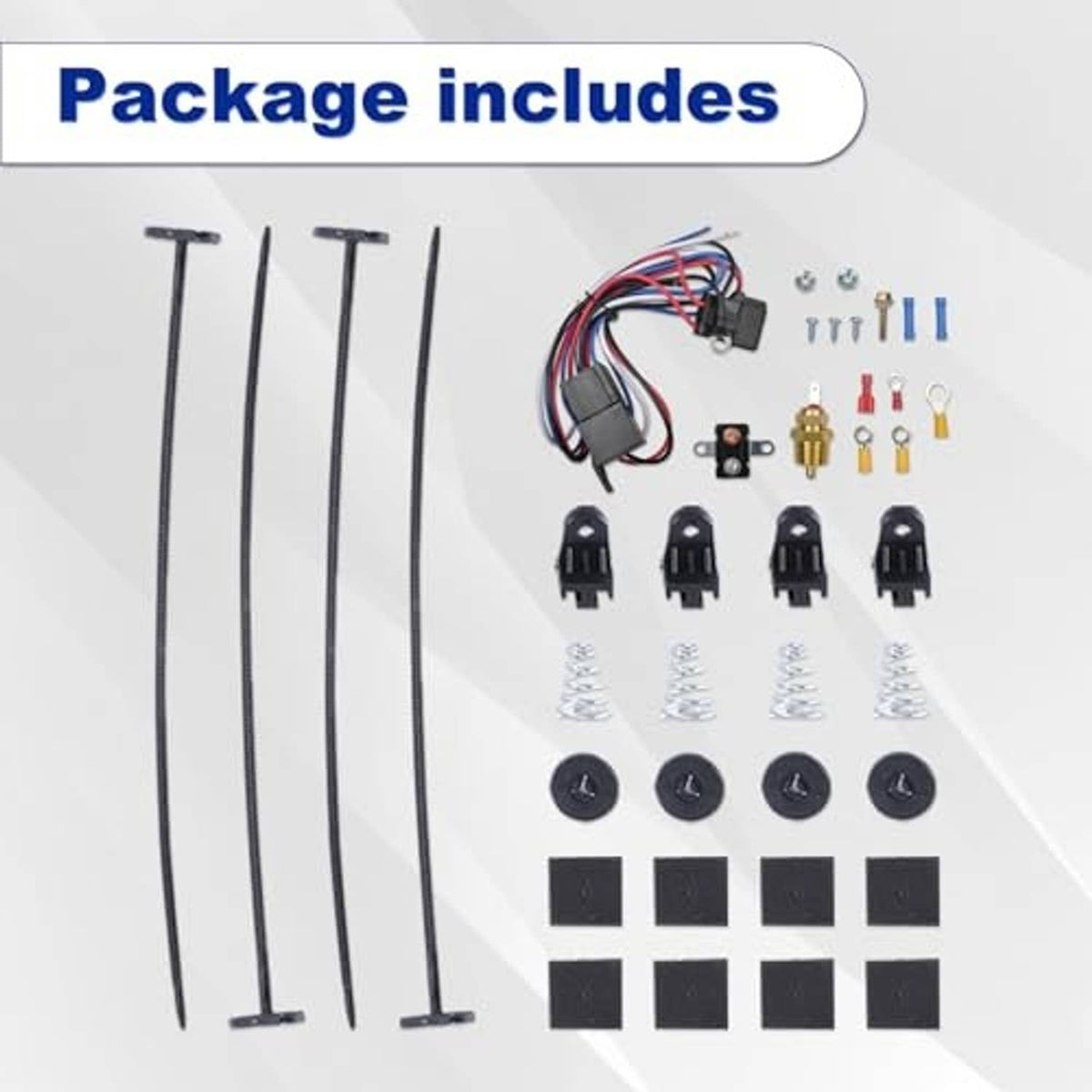 Package includes 16-inch fan wiring kit: cable ties, connectors, and mounting hardware