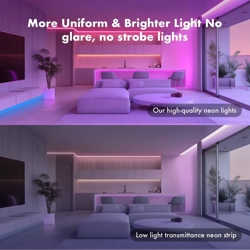 RGB LED neon rope light strip glowing along room edges, bright uniform lighting