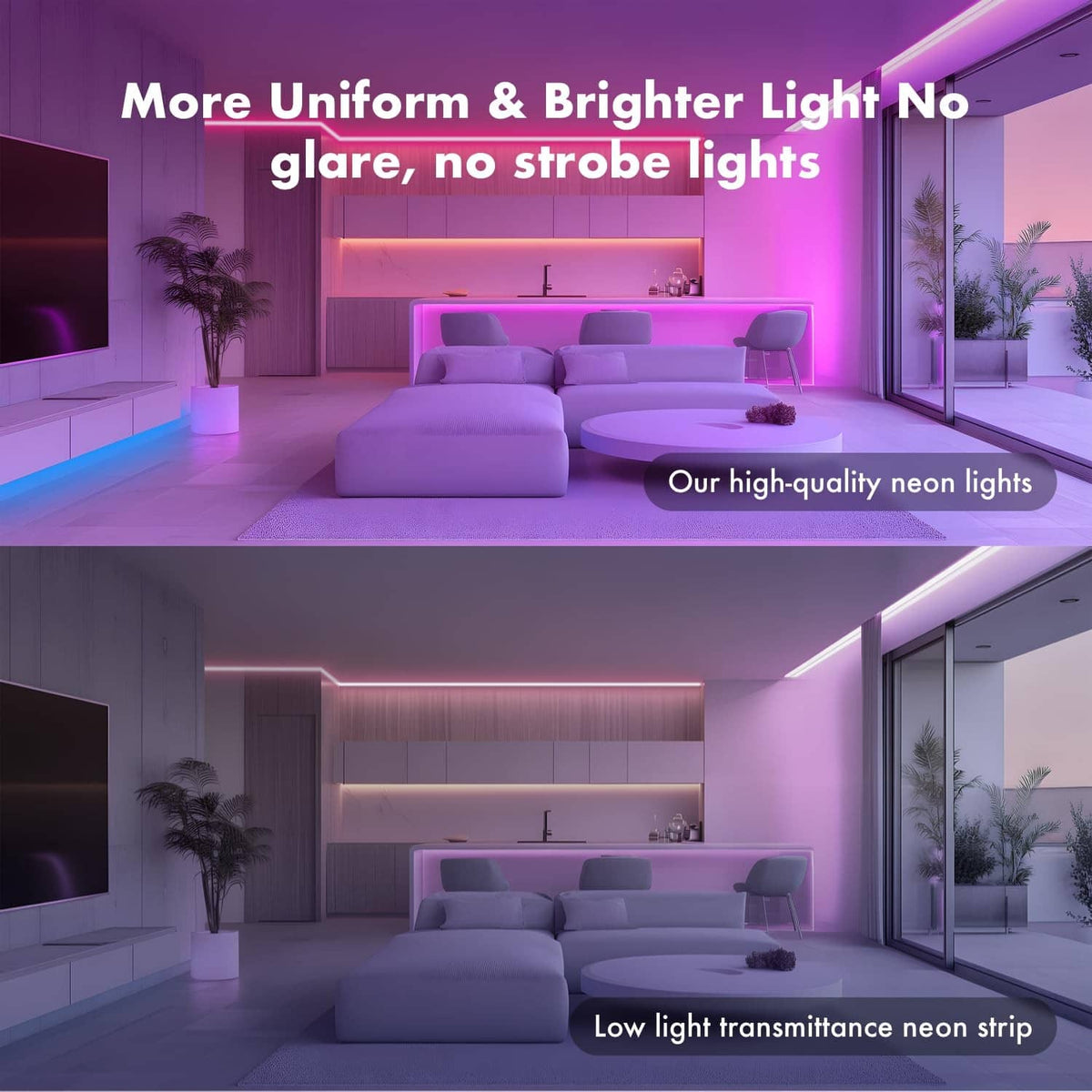 RGB LED neon rope light strip glowing along room edges, bright uniform lighting