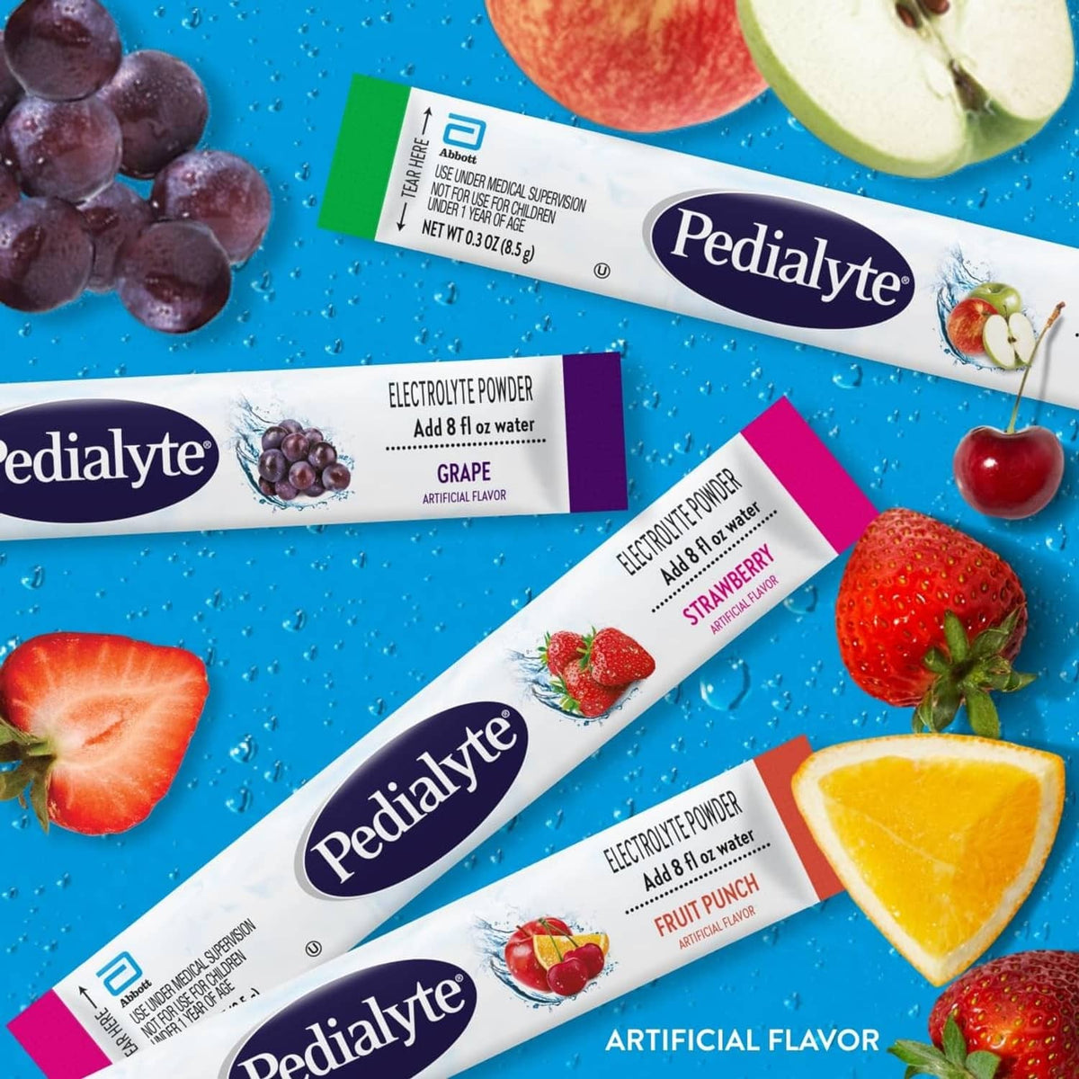 Electrolyte powder packets with grape, strawberry, apple, and fruit punch sachets