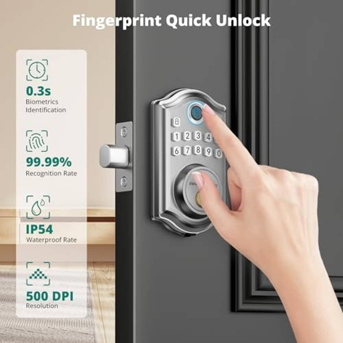 Satin nickel keyless door lock with keypad and fingerprint reader, hand pressing