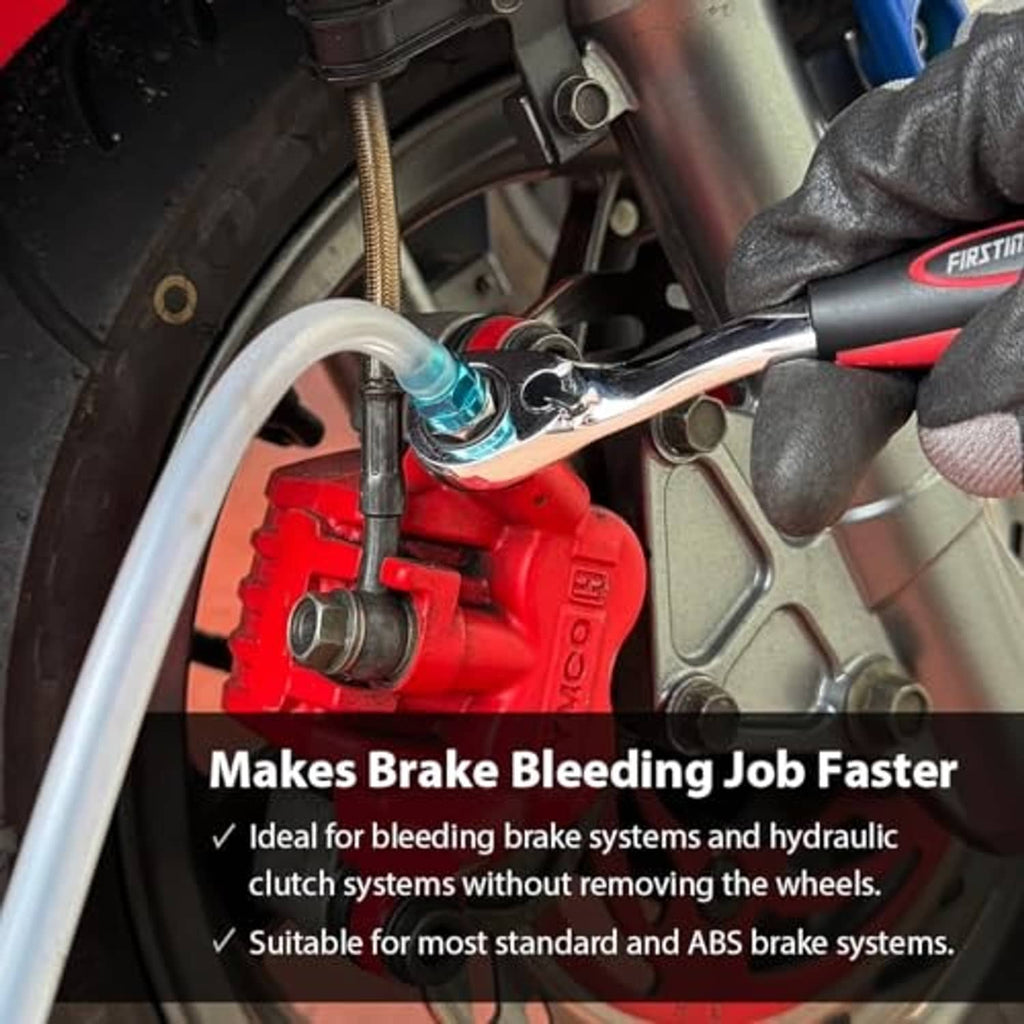 FIRSTINFO brake bleeder wrench used on hydraulic brake line with clear silicone hose