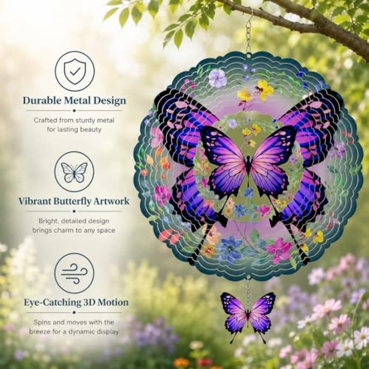 3D butterfly wind spinner with layered metal design and purple butterfly pendant
