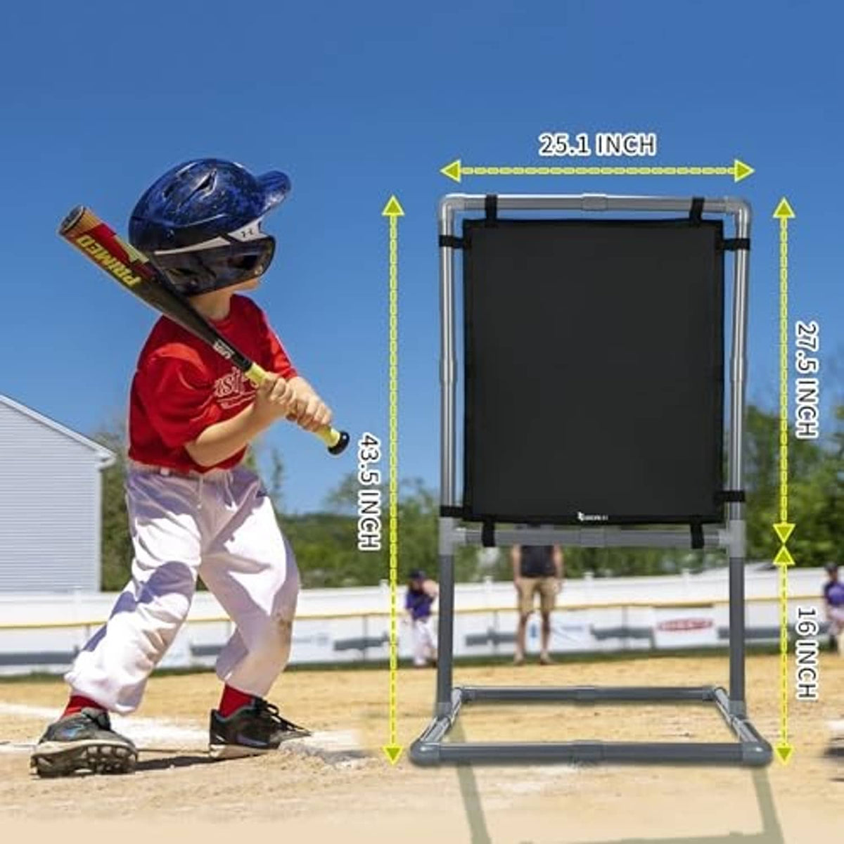 2-in-1 strike zone net with black hitting panel and blue-and-gray portable frame