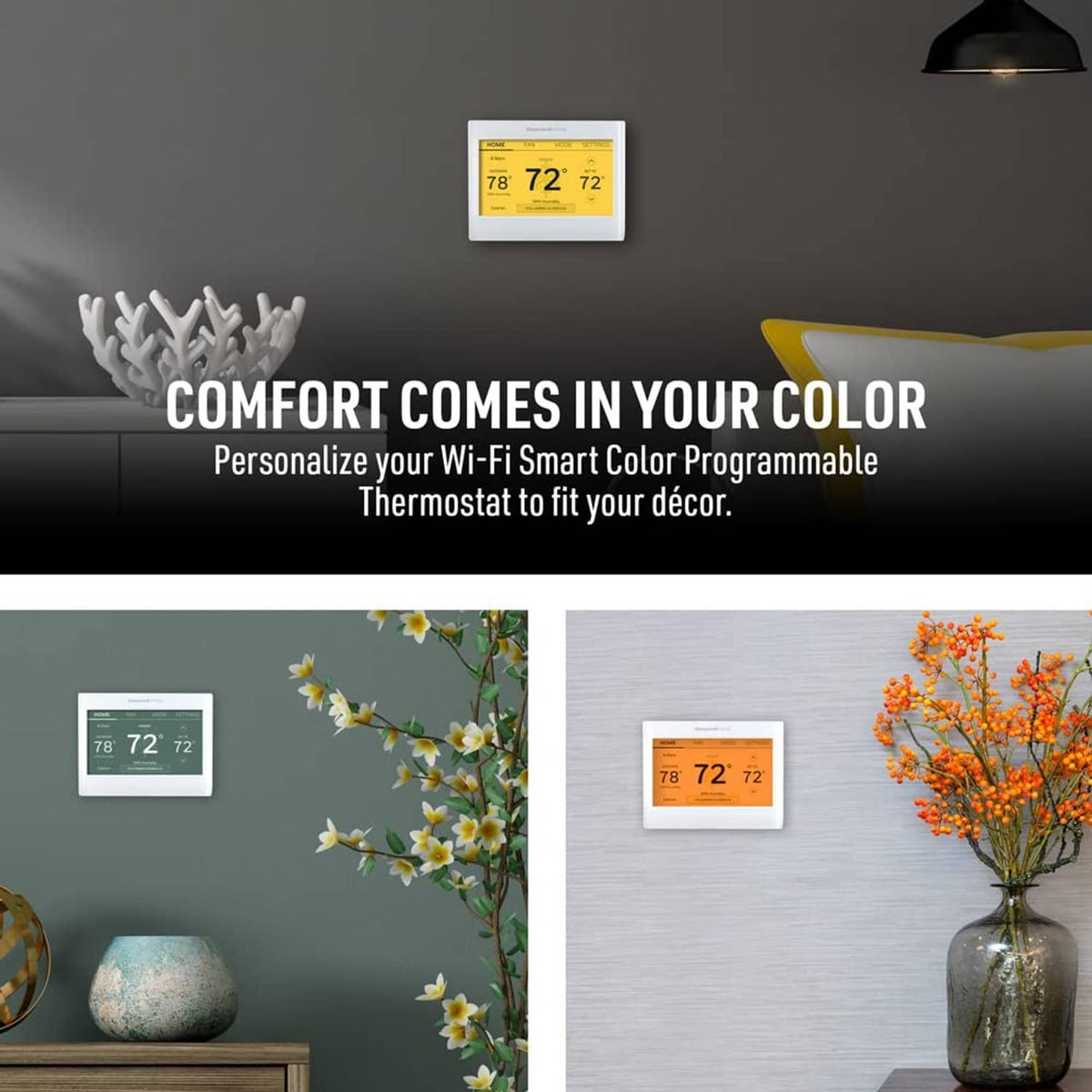 White smart color thermostat with yellow-teal touchscreen home display showing temperatures.