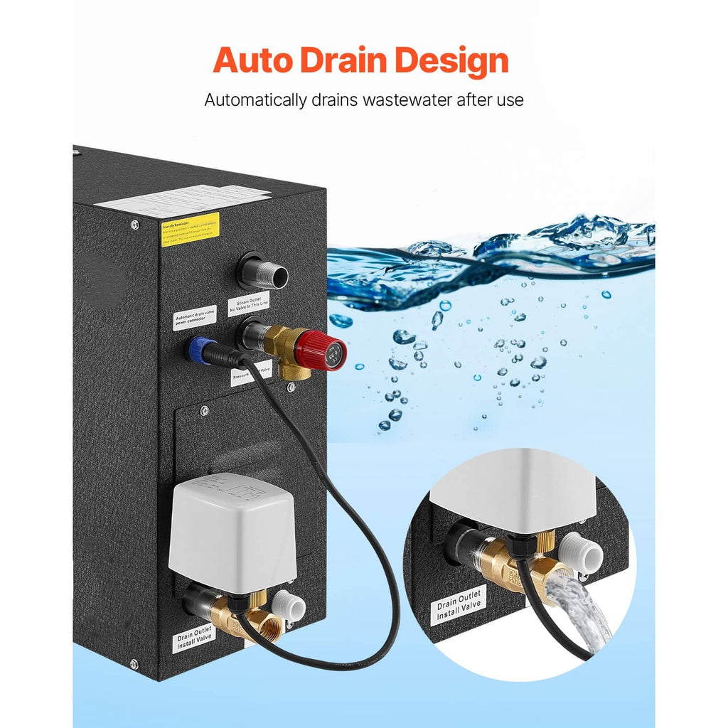Steam generator auto-drain outlet with valve and tubing, dark housing and water flow
