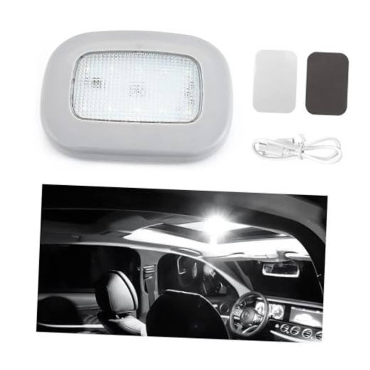 Gray magnetic rechargeable dome car ceiling light with bright rectangular LED panel