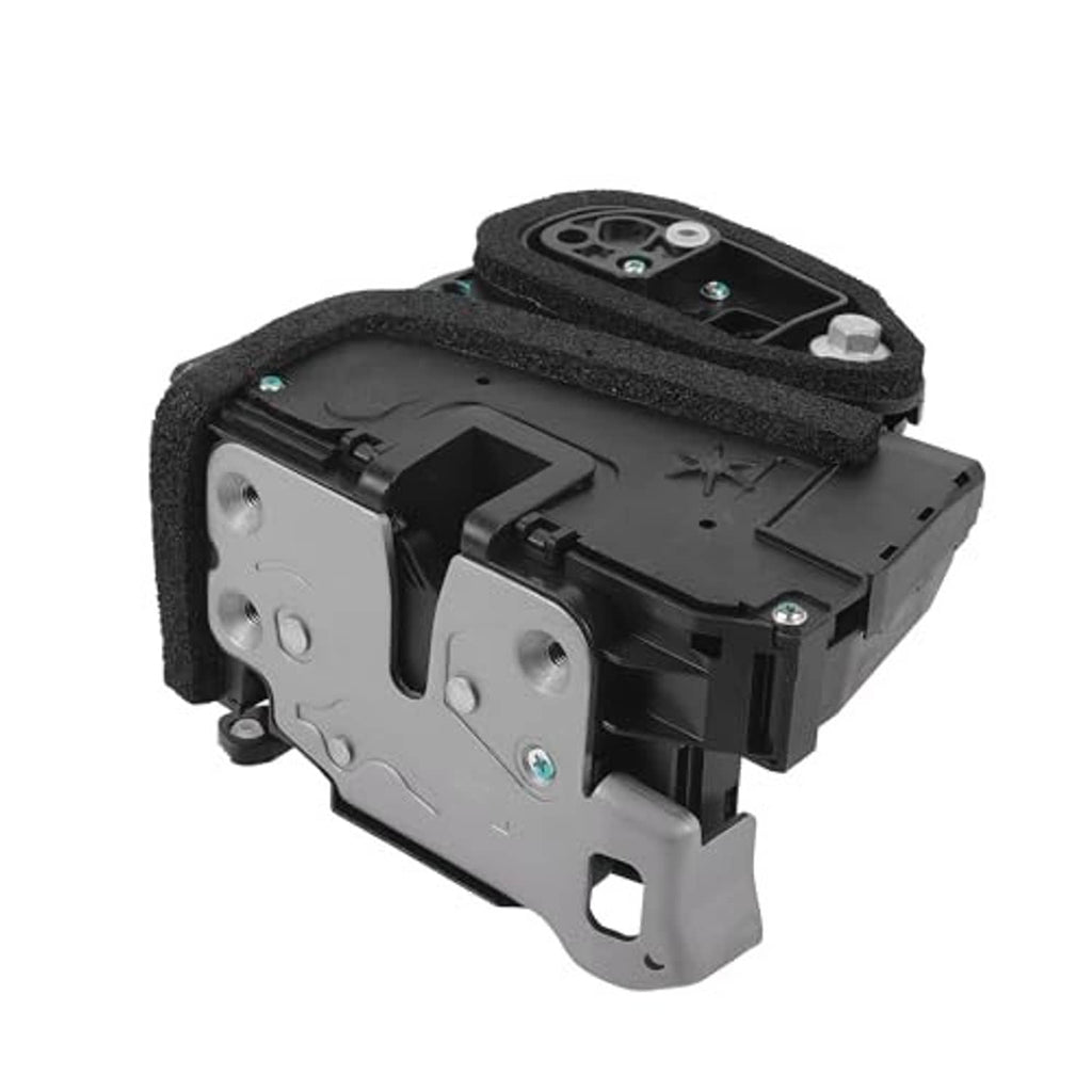 Door lock actuator motor with black housing and silver mounting tabs, foam cover