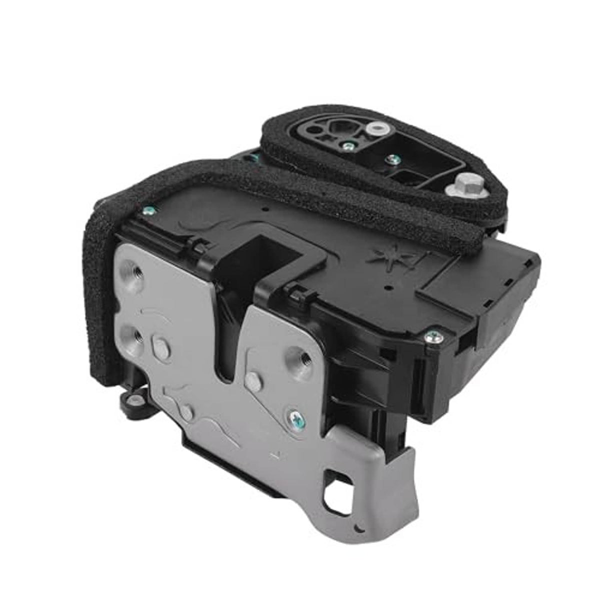 Door lock actuator motor with black housing and silver mounting tabs, foam cover