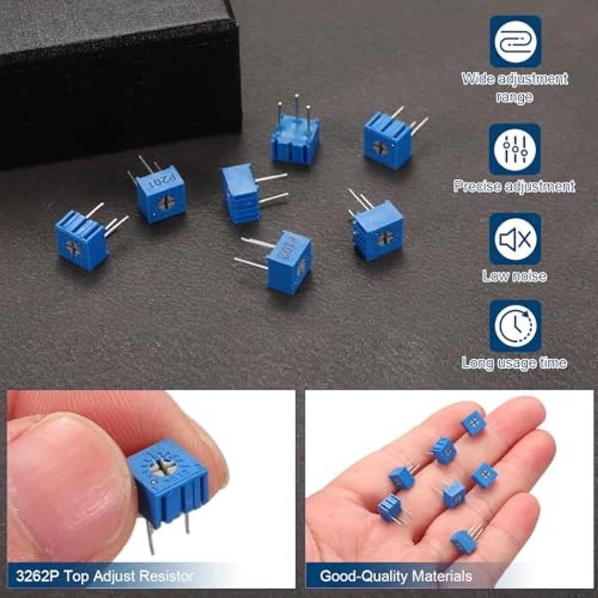 Five blue top-adjustable multiturn trimmer potentiometers on a dark surface