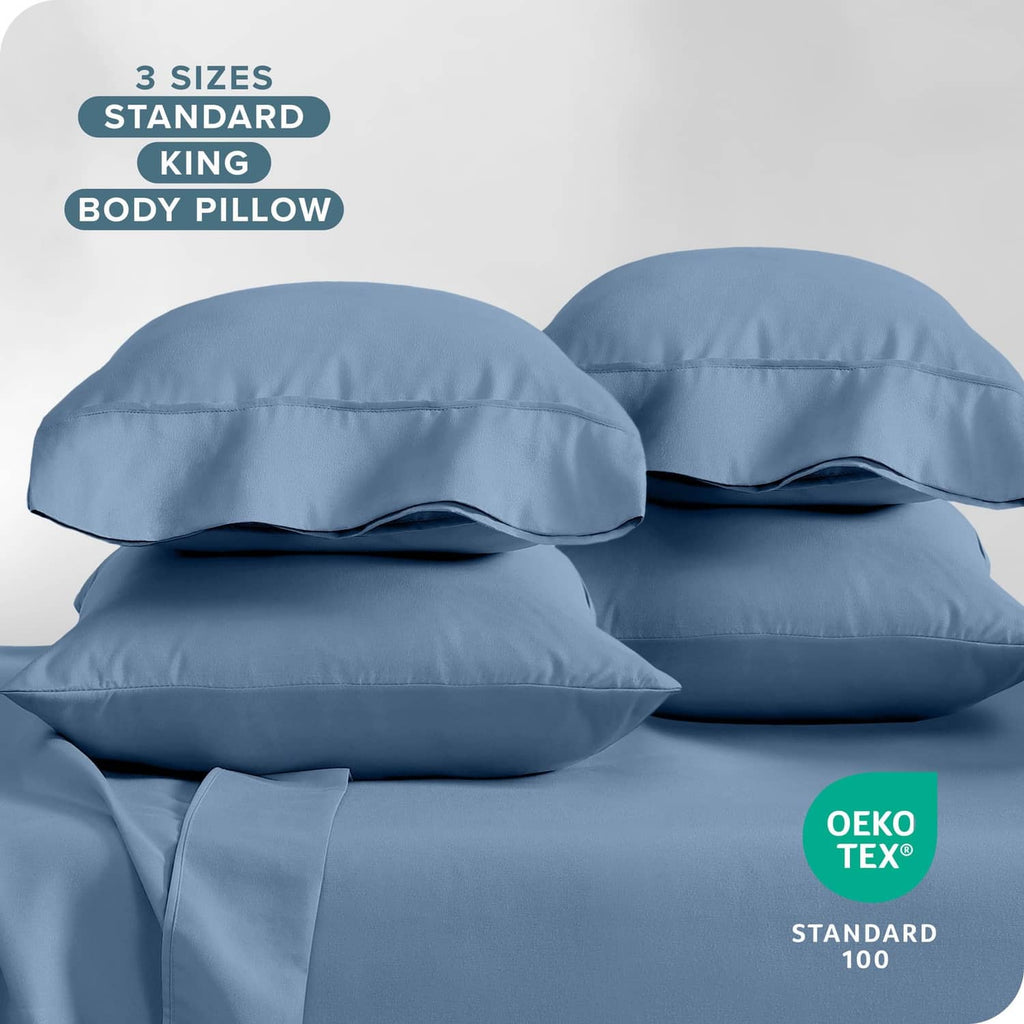 Light blue microfiber pillowcases in king size, 4-pack with matching seams