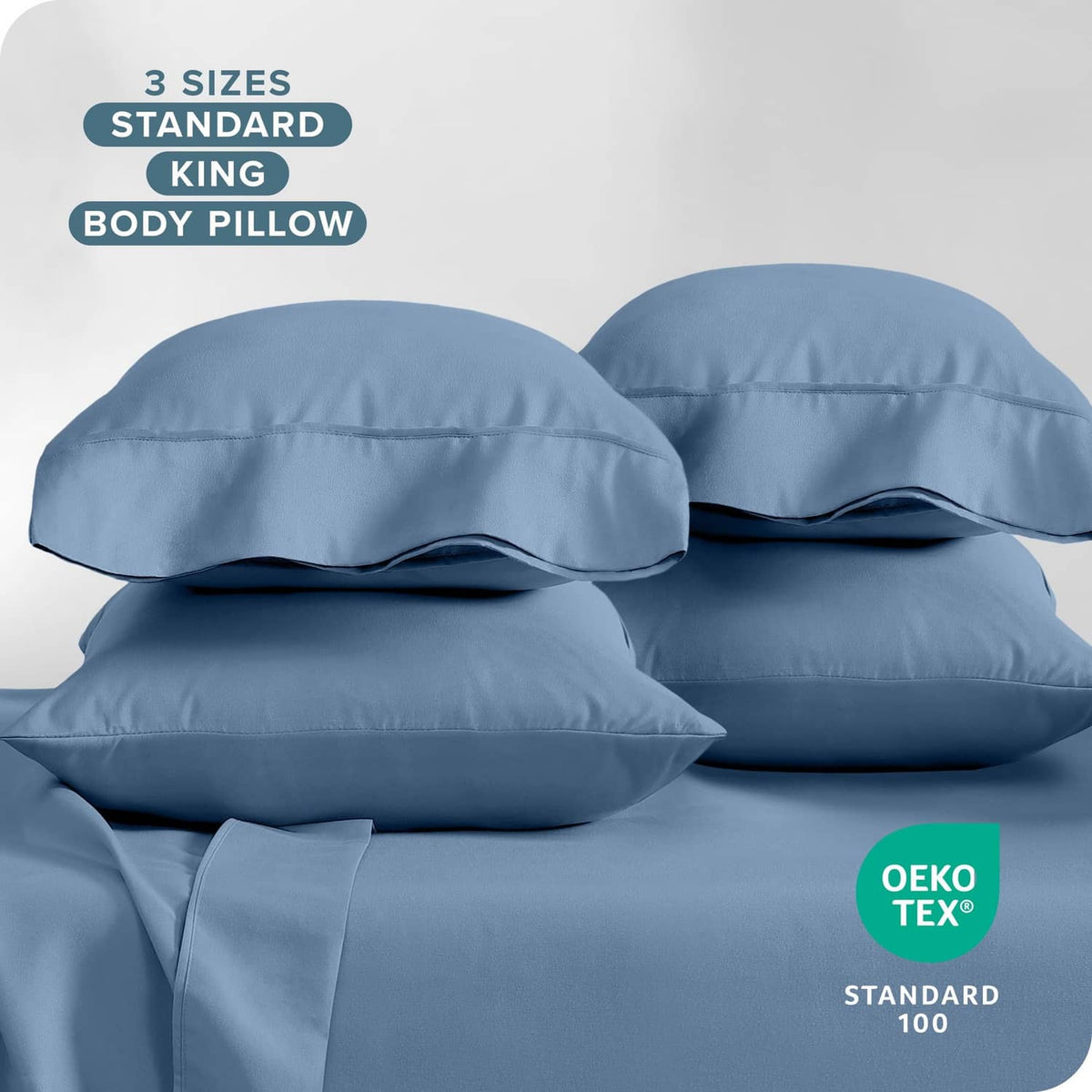 Light blue microfiber pillowcases in king size, 4-pack with matching seams