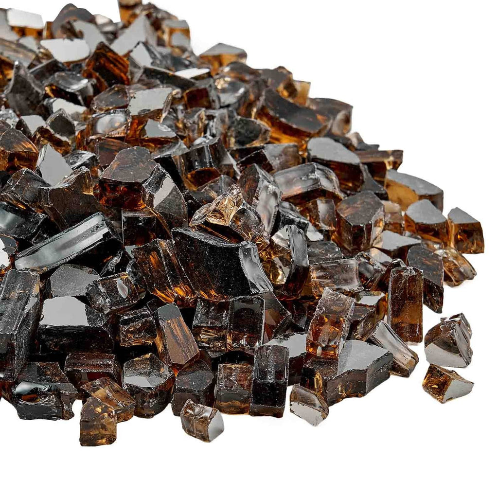 Close-up of copper crushed fire pit glass rocks, glossy reflective shards