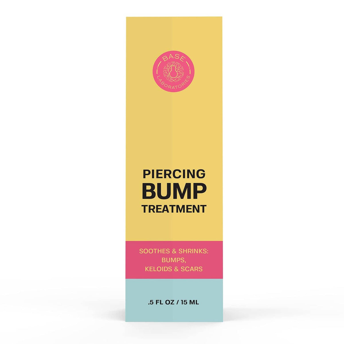 Piercing bump treatment box, yellow with pink and teal base, 5 fl oz size.