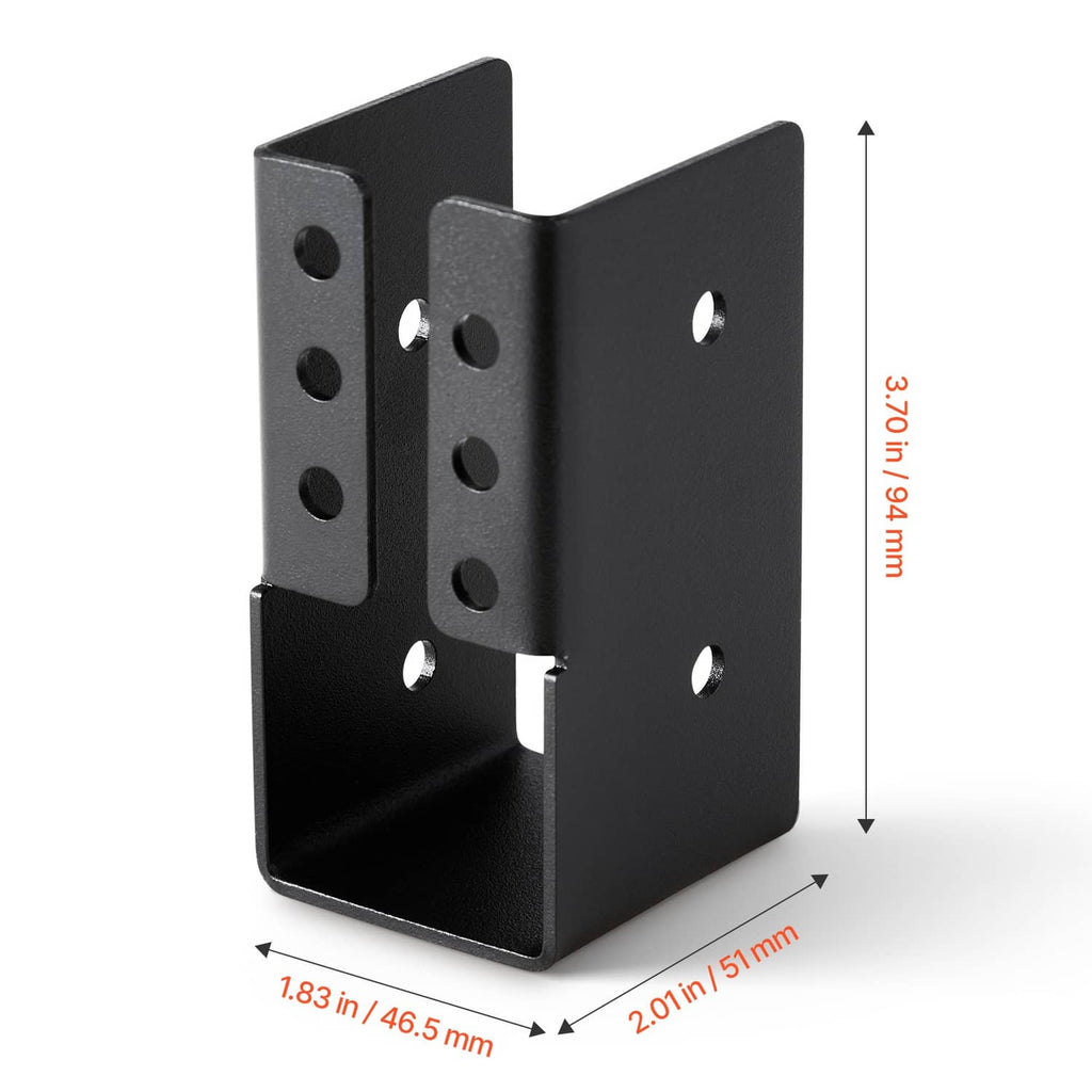 Concealed beam joist hanger bracket in black steel with multiple mounting holes and notch