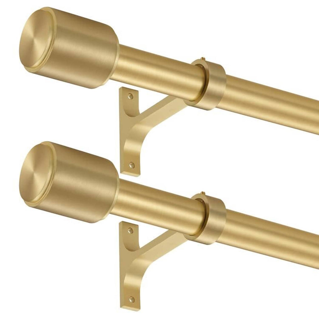 Gold telescopic curtain rod set with two L-shaped brackets and cylindrical cap finials