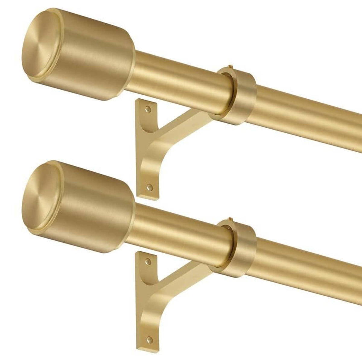 Gold telescopic curtain rod set with two L-shaped brackets and cylindrical cap finials