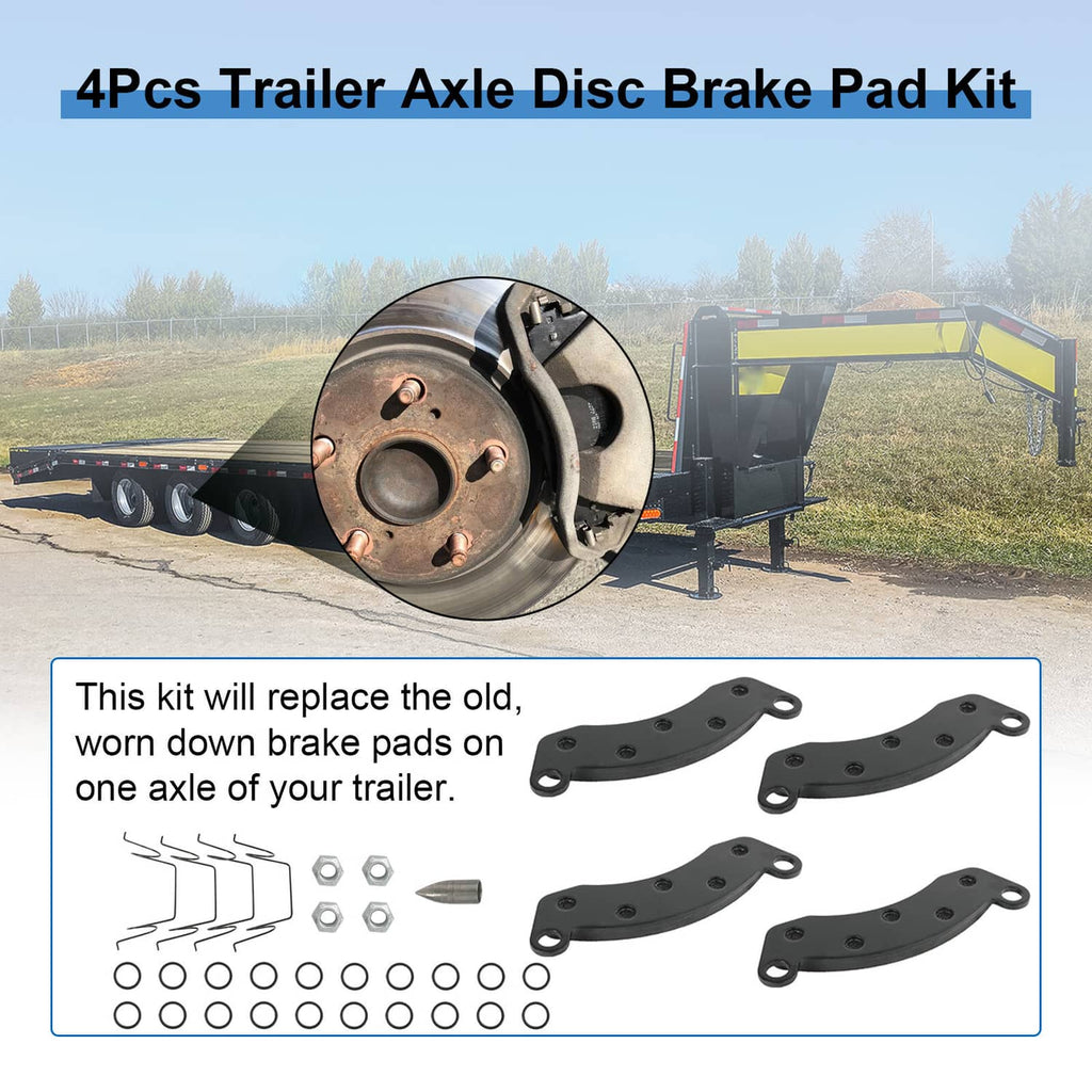 Curved disc brake pad kit with four black pads for trailer axle disc brakes