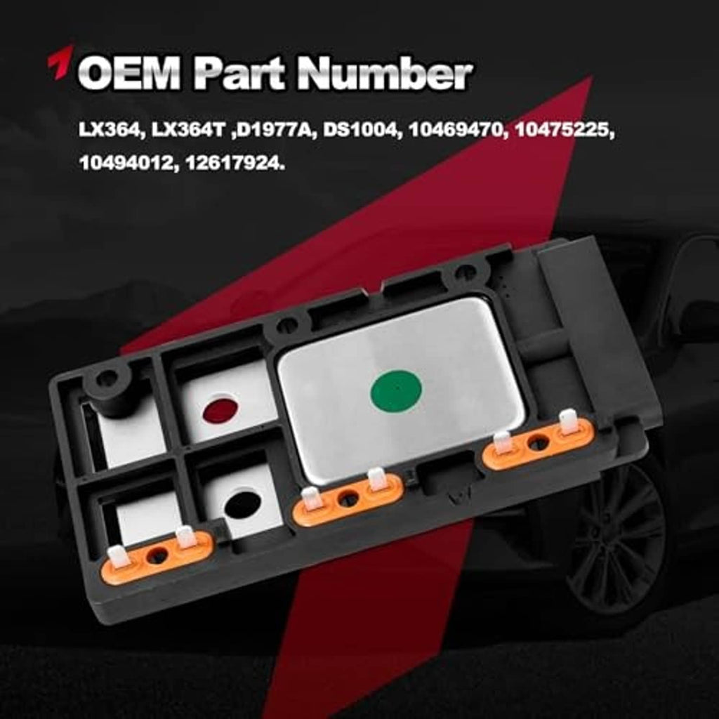 Ignition control module with gray plate, green dot, red dot, and orange terminals
