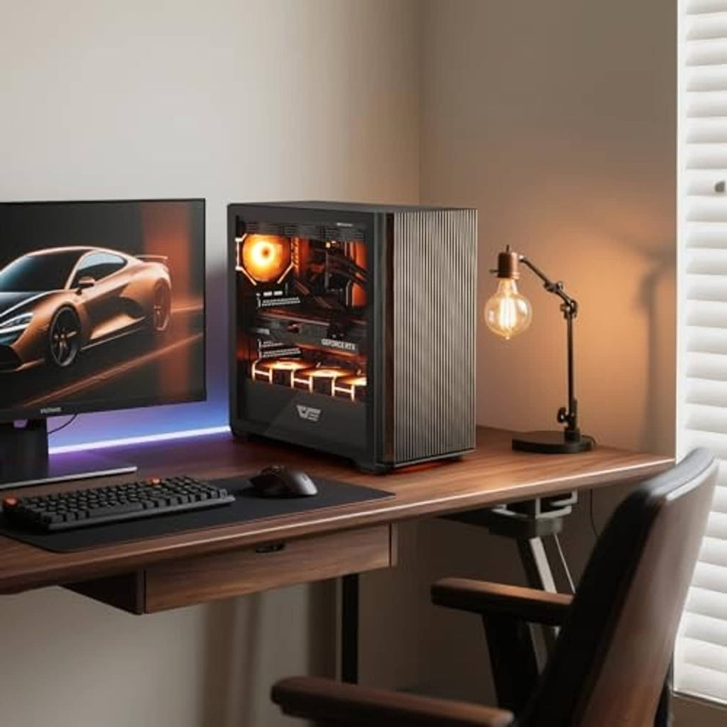ATX PC case on desk setup with walnut slatted side and glowing interior