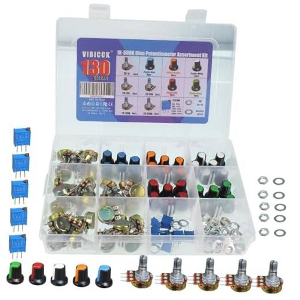 Potentiometer assortment kit in open plastic case with assorted colored knobs and metal components