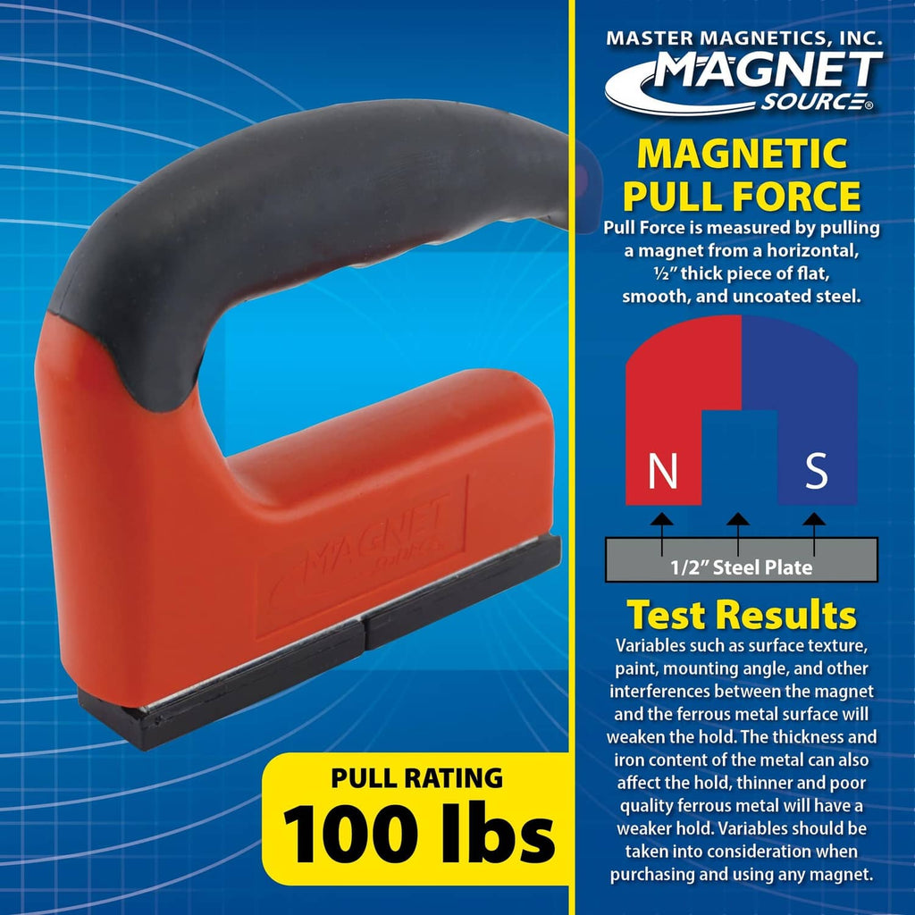 Orange handle pull magnet with dark gray magnet face and curved ergonomic grip