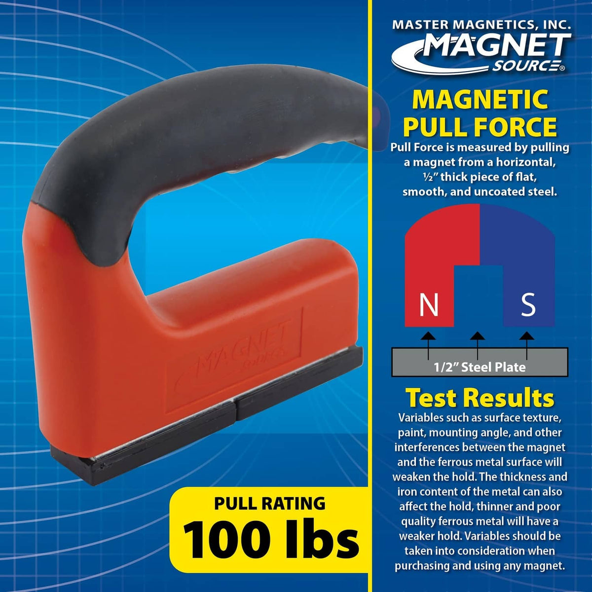 Orange handle pull magnet with dark gray magnet face and curved ergonomic grip
