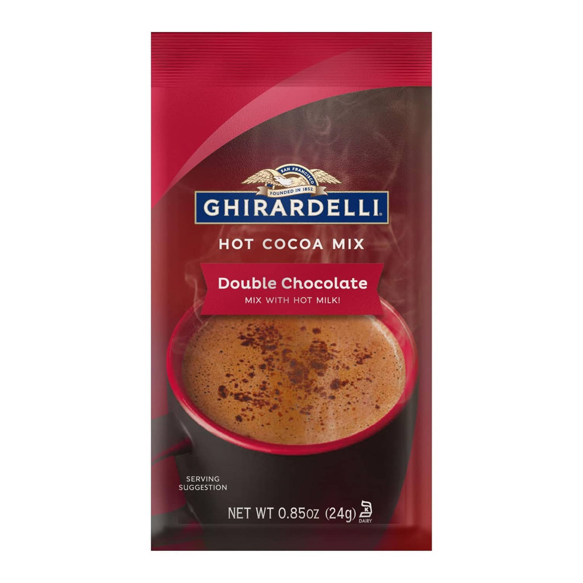 Hot cocoa mix pouch in dark red and black with Ghirardelli logo