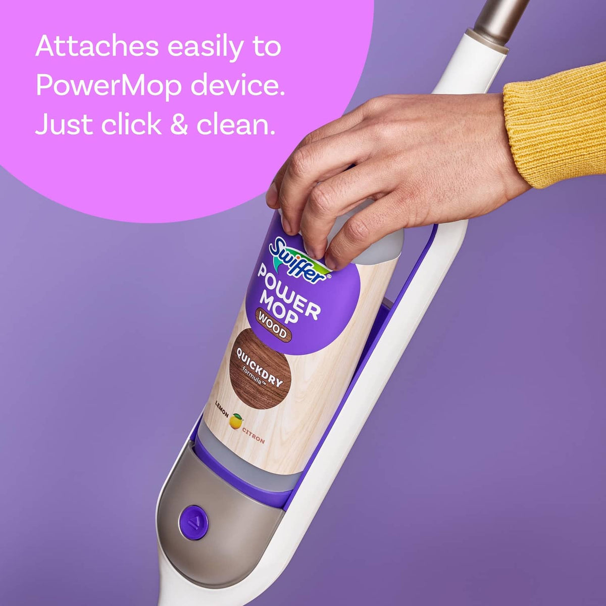 Swiffer Power Mop Wood QuickDry cleaner bottle held in hand for use