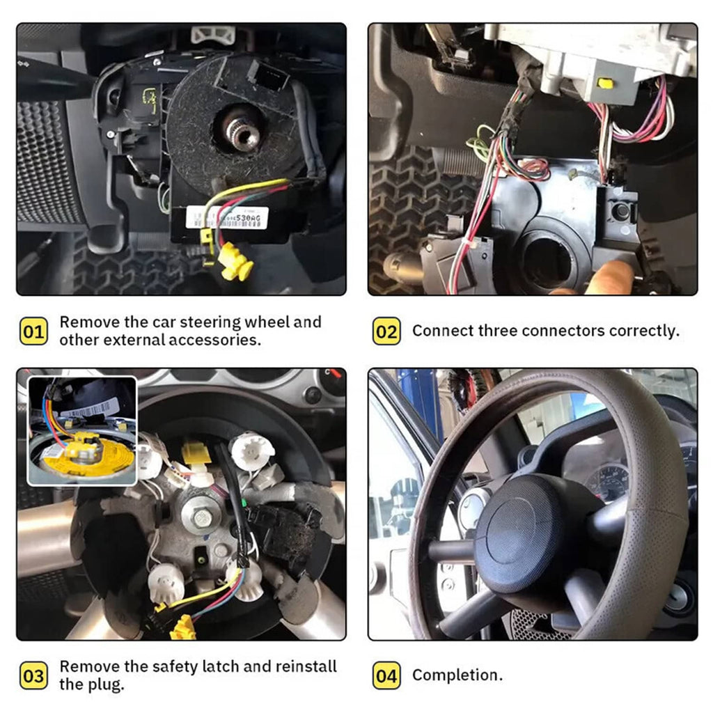 Clock spring installation guide showing connectors and steering wheel mounting area