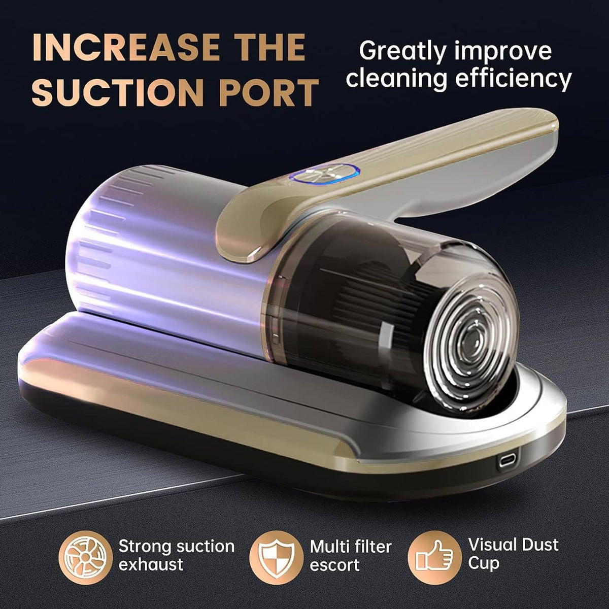 Handheld mattress vacuum nozzle with wide suction port, golden beige handle and side vent