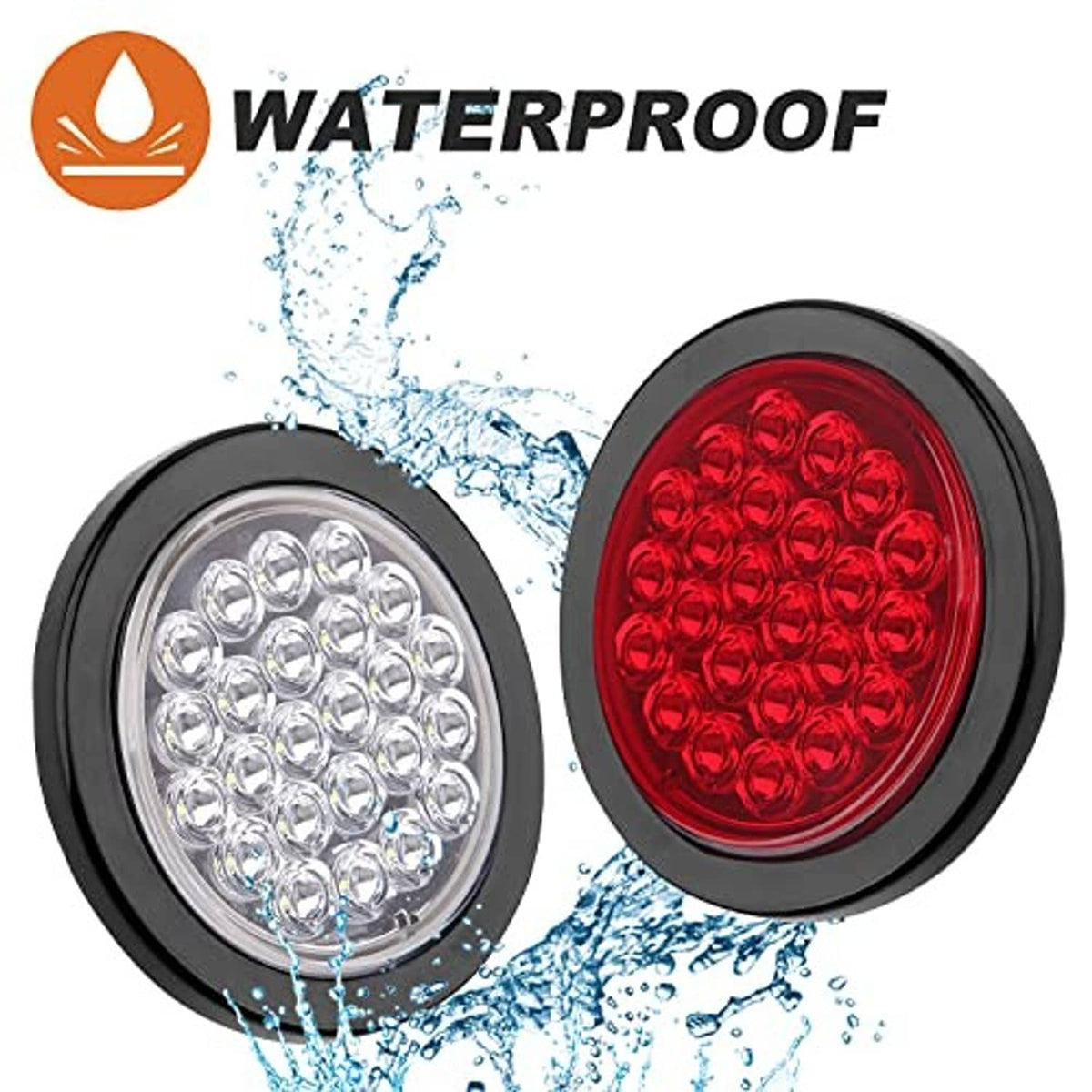 Water-resistant round LED lights with red and white lenses in black housings