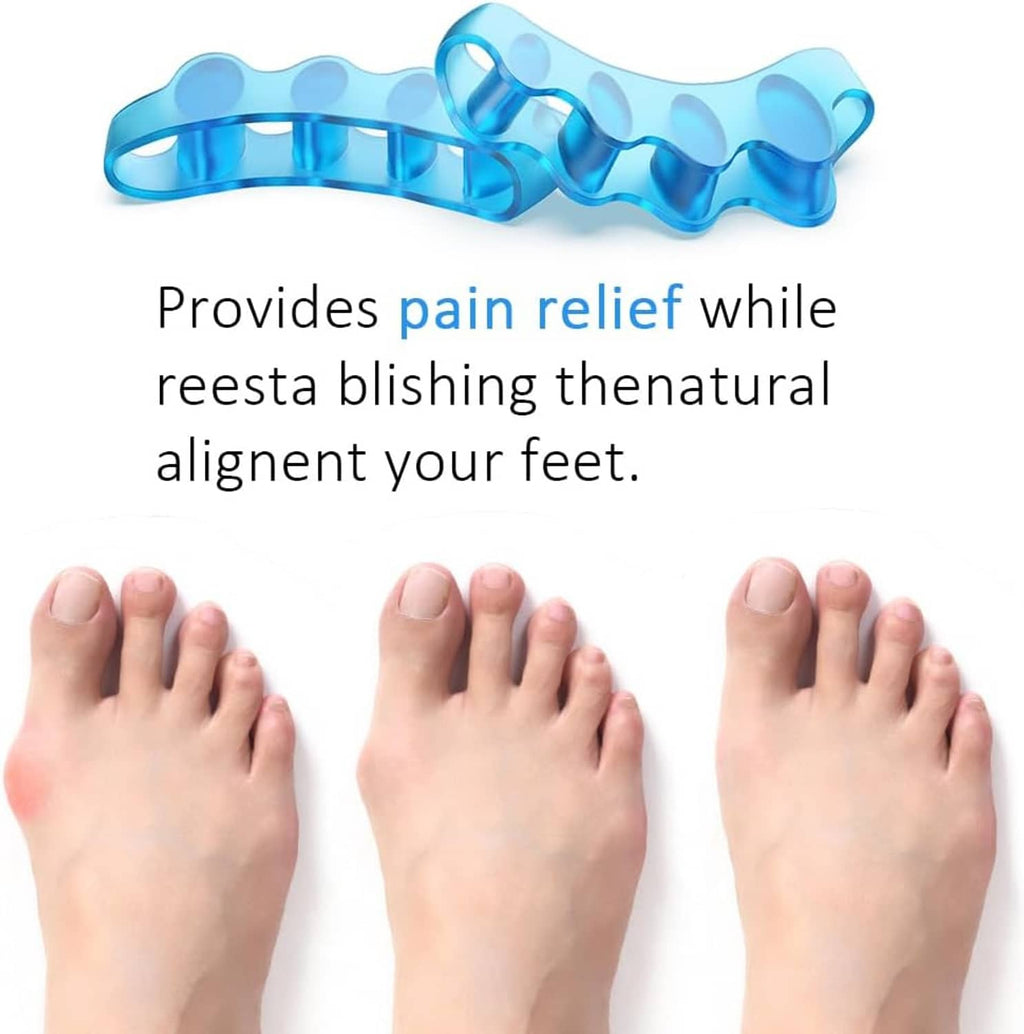 Blue silicone toe separators worn on bare feet