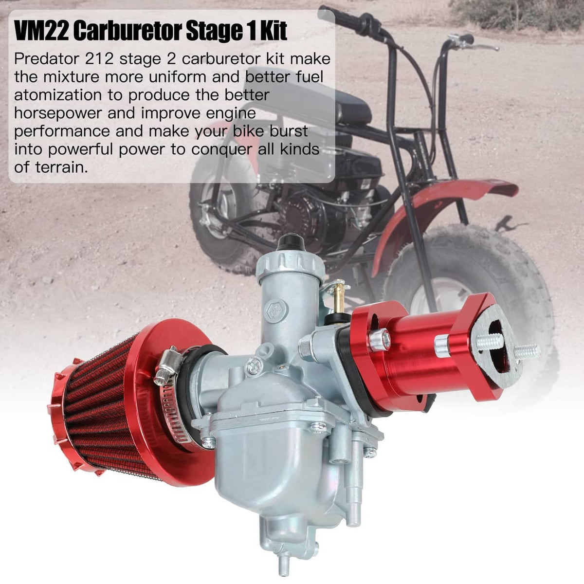 VM22 stage 2 carburetor kit with red air filter and silver carburetor on mini bike