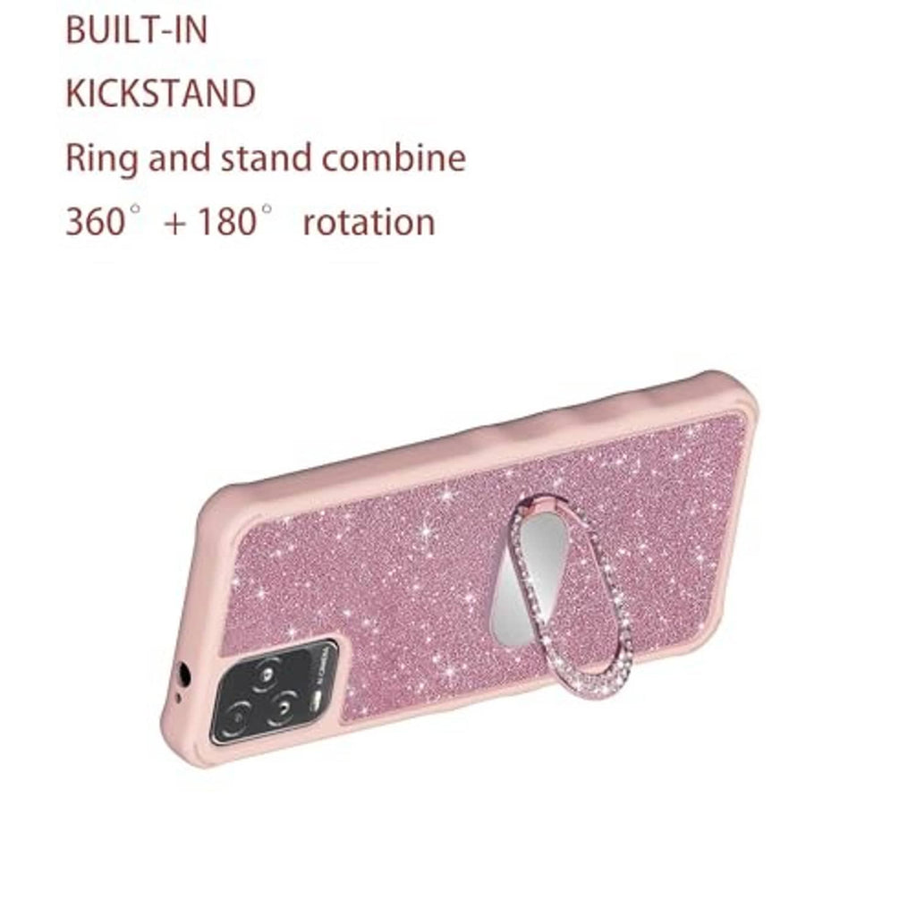 Pink glitter phone case with built-in ring kickstand and sparkly texture