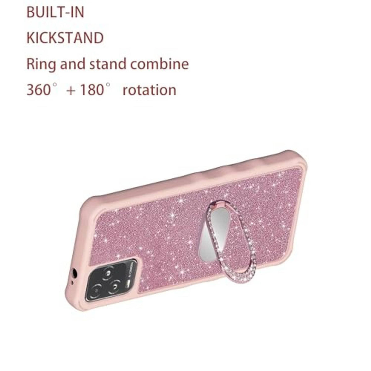 Pink glitter phone case with built-in ring kickstand and sparkly texture