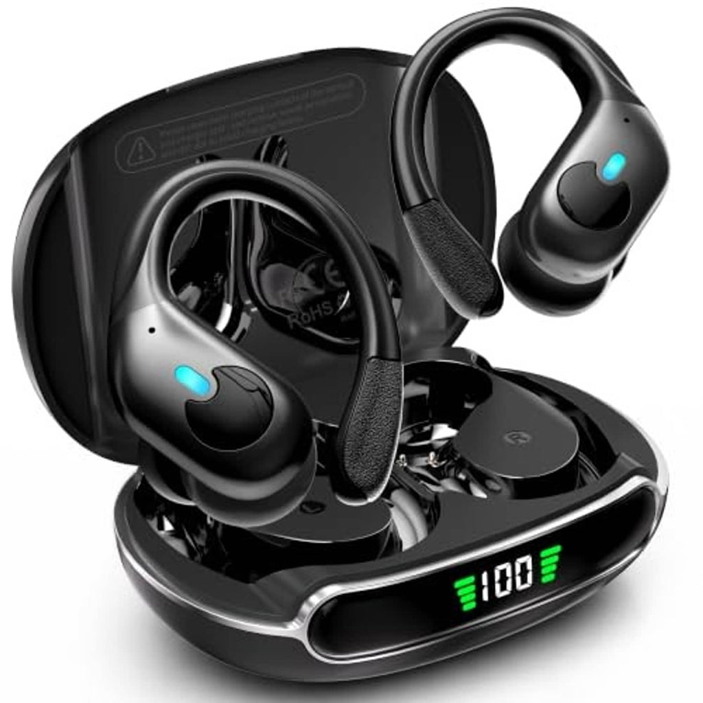 Black wireless earbuds with charging case and glowing LED battery indicator