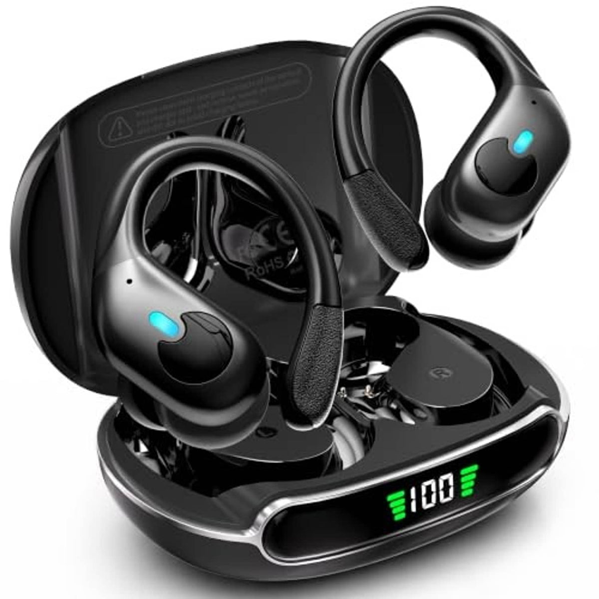 Black wireless earbuds with charging case and glowing LED battery indicator
