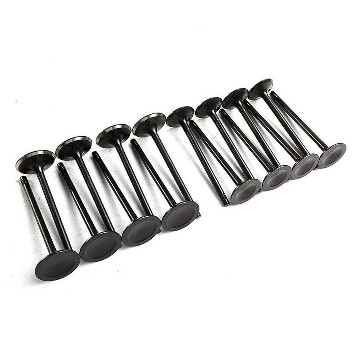 Engine intake/exhaust valve set with round metal heads and long black stems
