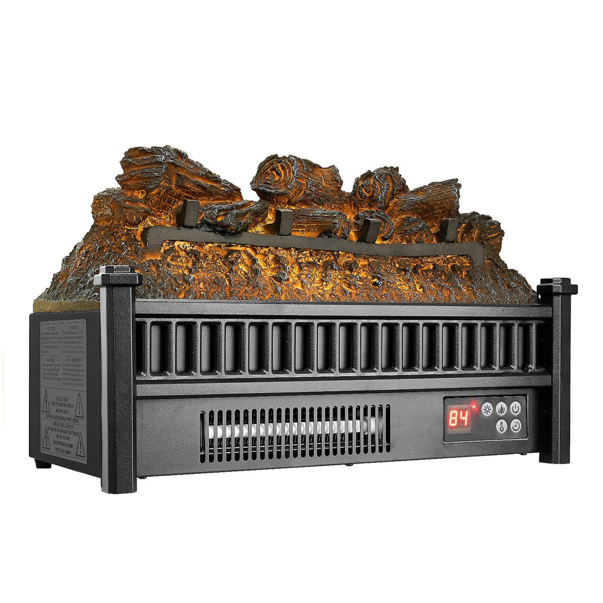 Electric log heater with faux wood logs, vented front grille and red digital display