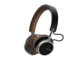 Brown and black on-ear wireless Bluetooth headphones with padded headband and ear cups